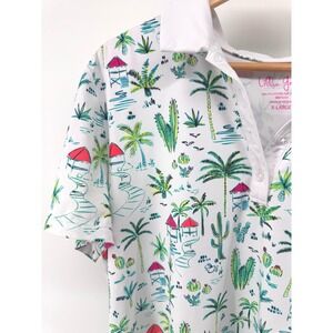 Lillie Green Polo Golf  Shirt Womens XL White Tropical Beach‎ Palm Tree Coastal